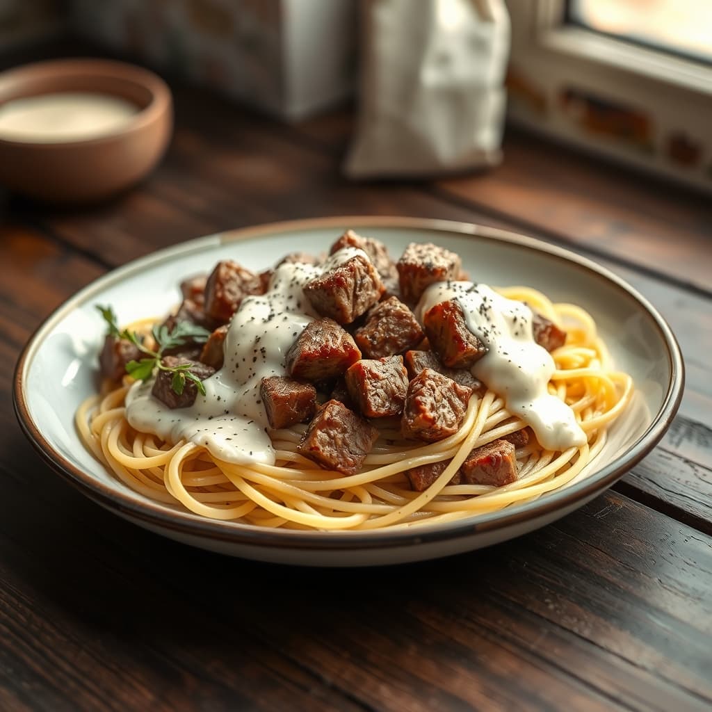 Kuşbaşı Etli Spagetti tarifi görseli - 4 kişilik, 402 TL maliyet