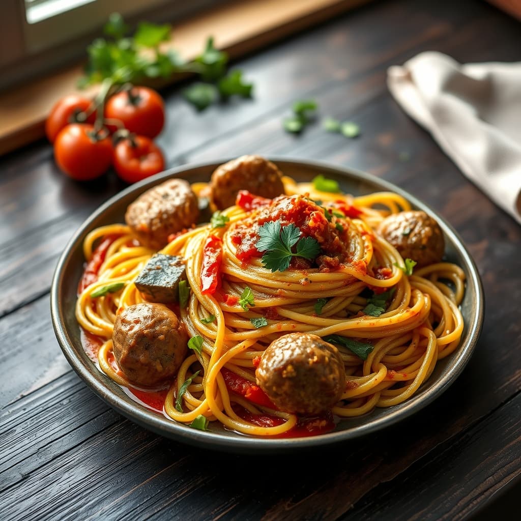 Sebzeli Köfteli Spagetti tarifi görseli - 2 kişilik, 259 TL maliyet