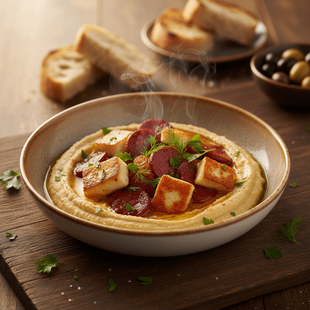 Humus Yatağında Sucuk & Hellim tarifi görseli - 4 kişilik, 618 TL maliyet