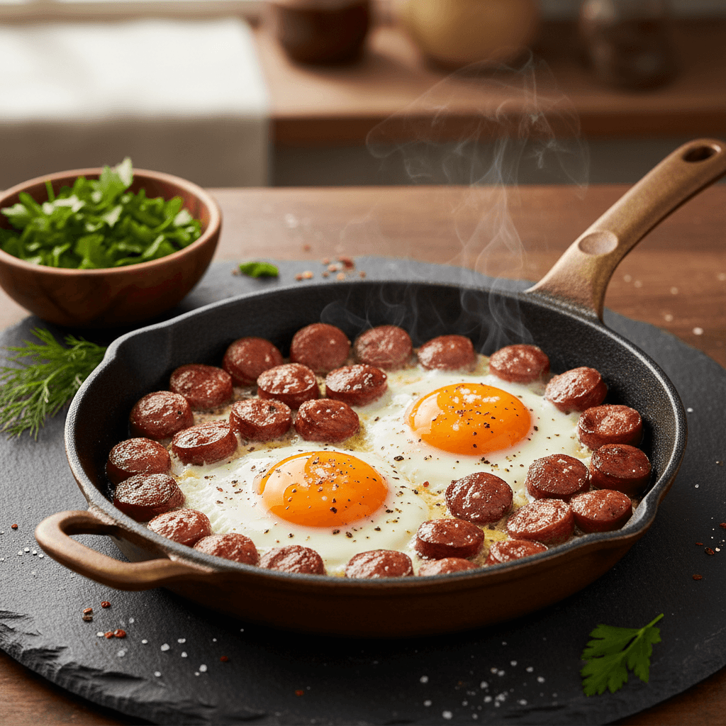 Sahanda Sosisli Yumurta tarifi görseli - 2 kişilik, 99 TL maliyet