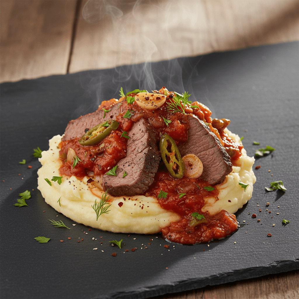 Patates Püresi Eşliğinde Domates Soslu Biftek tarifi görseli - 4 kişilik