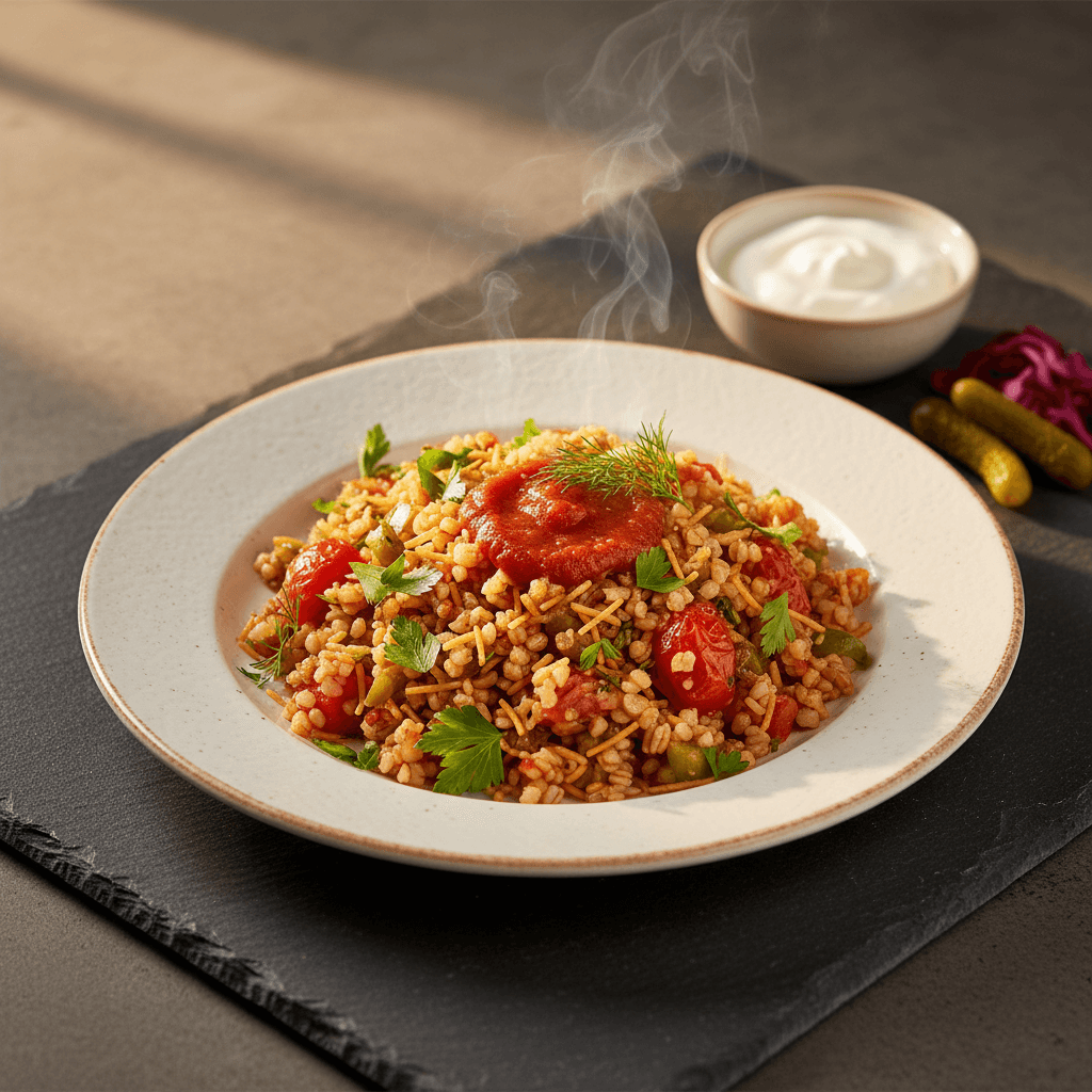 Domatesli Biberli Tel Şehriyeli Bulgur Pilavı tarifi görseli - 4 kişilik, 55 TL maliyet